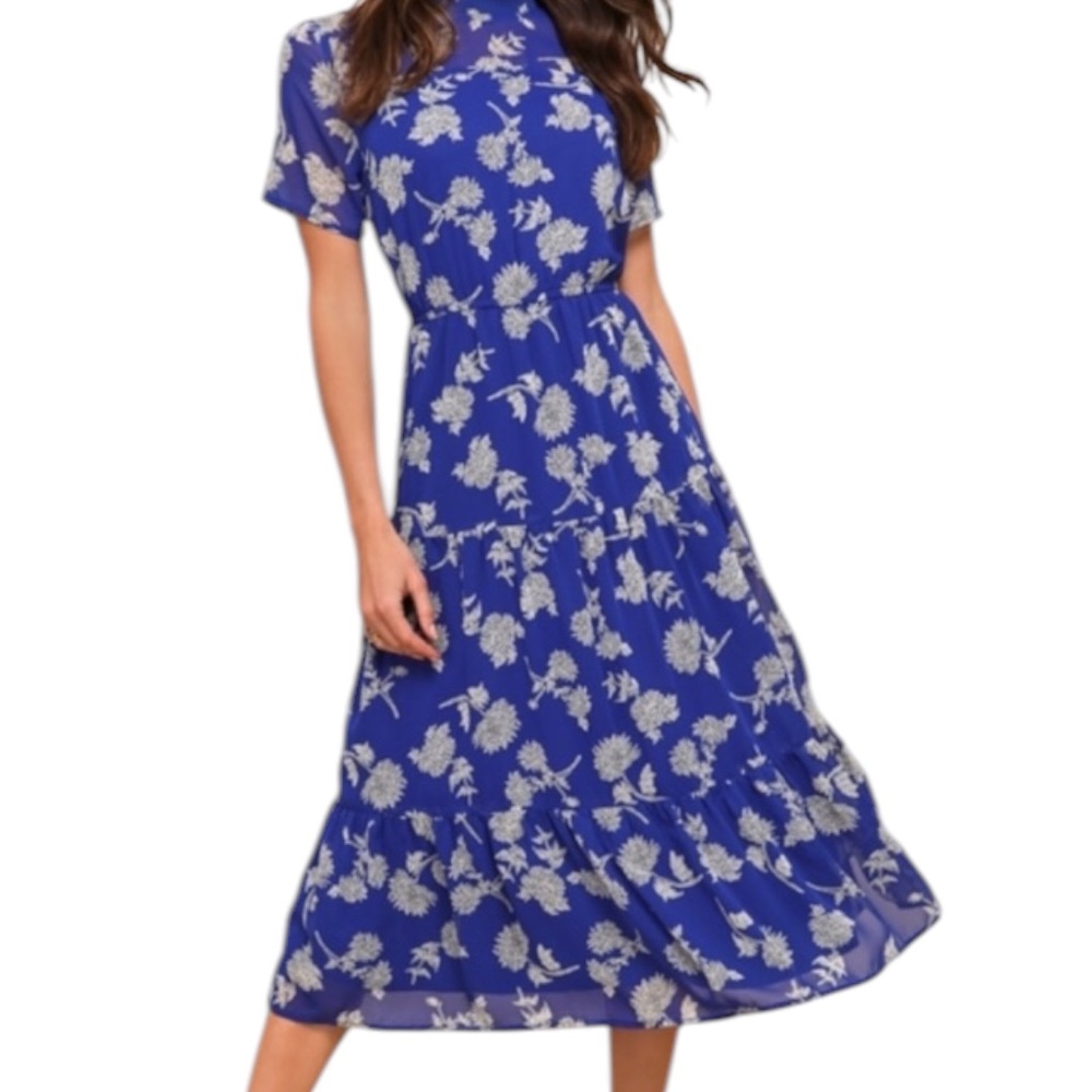 Lulus Floral High-Neck Short Sleeve Dress S